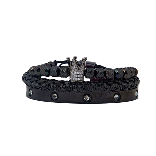 Regal Radiance Black Trio: Men's Crown and Crystal Bracelet