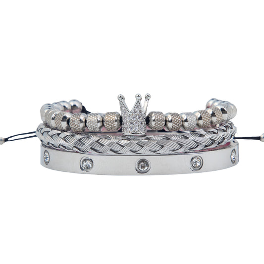 Regal Radiance Silver Trio: Men's Crown and Crystal Bracelet