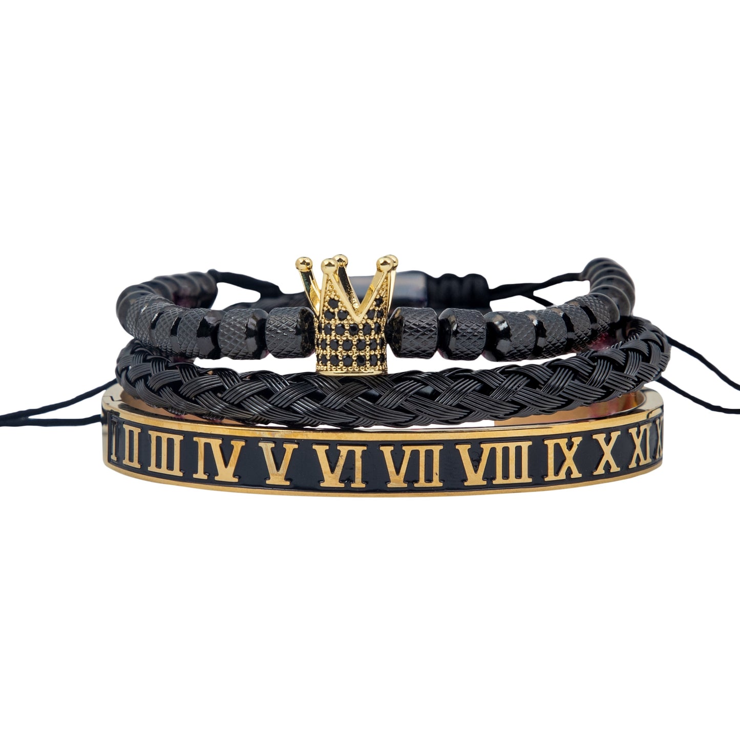 Royal Elegance Black Trio: King Crown Bracelet Bundle