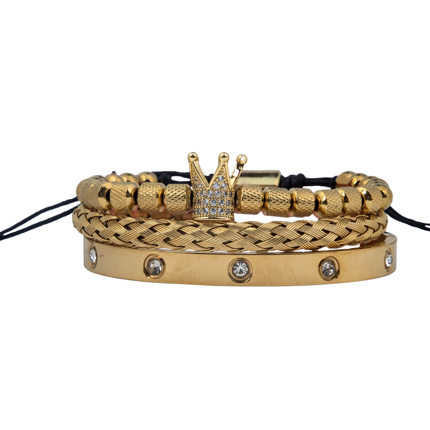 Regal Radiance Gold Trio: Men's Crown and Crystal Bracelet