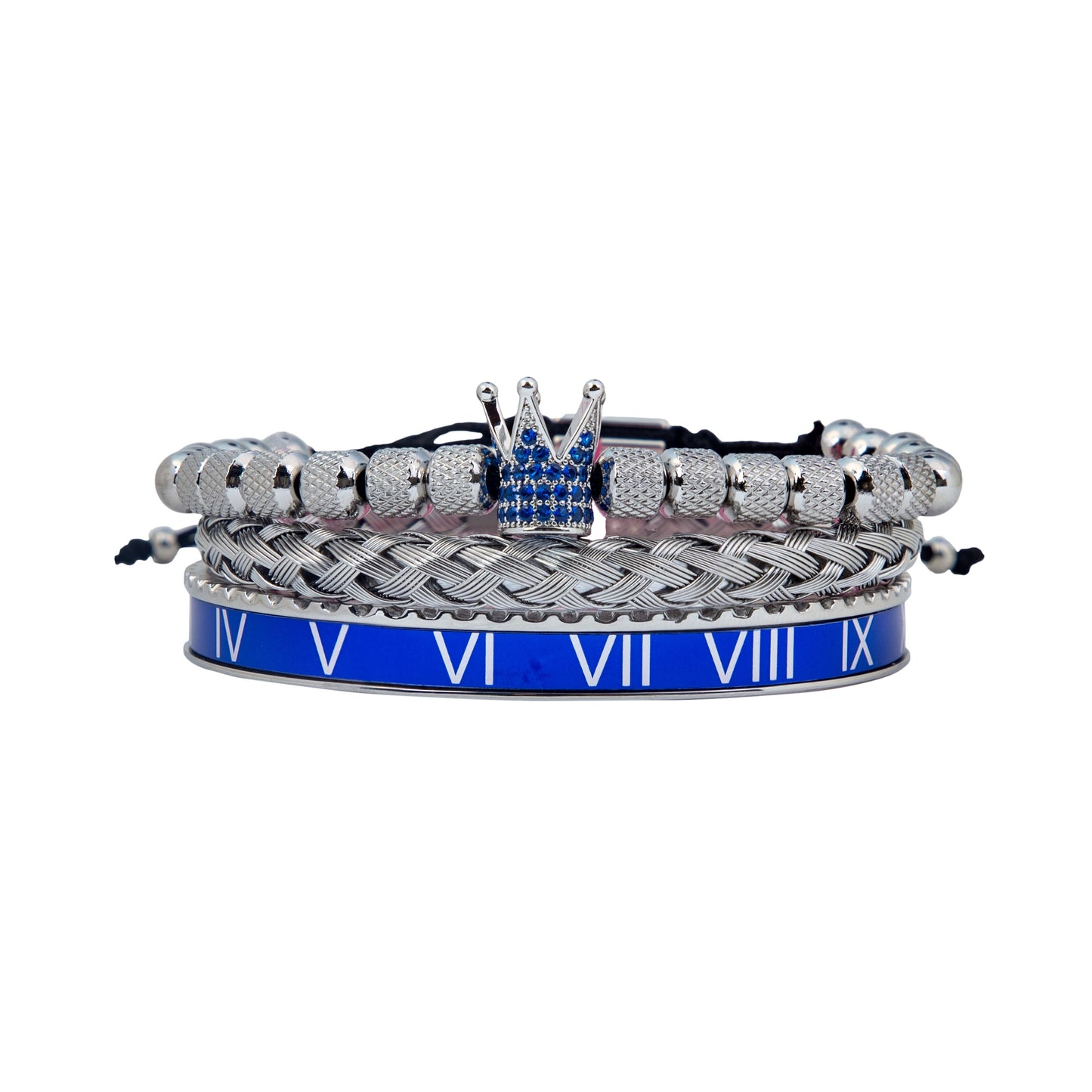 Royal Elegance Blue Trio: King Crown Bracelet Bundle