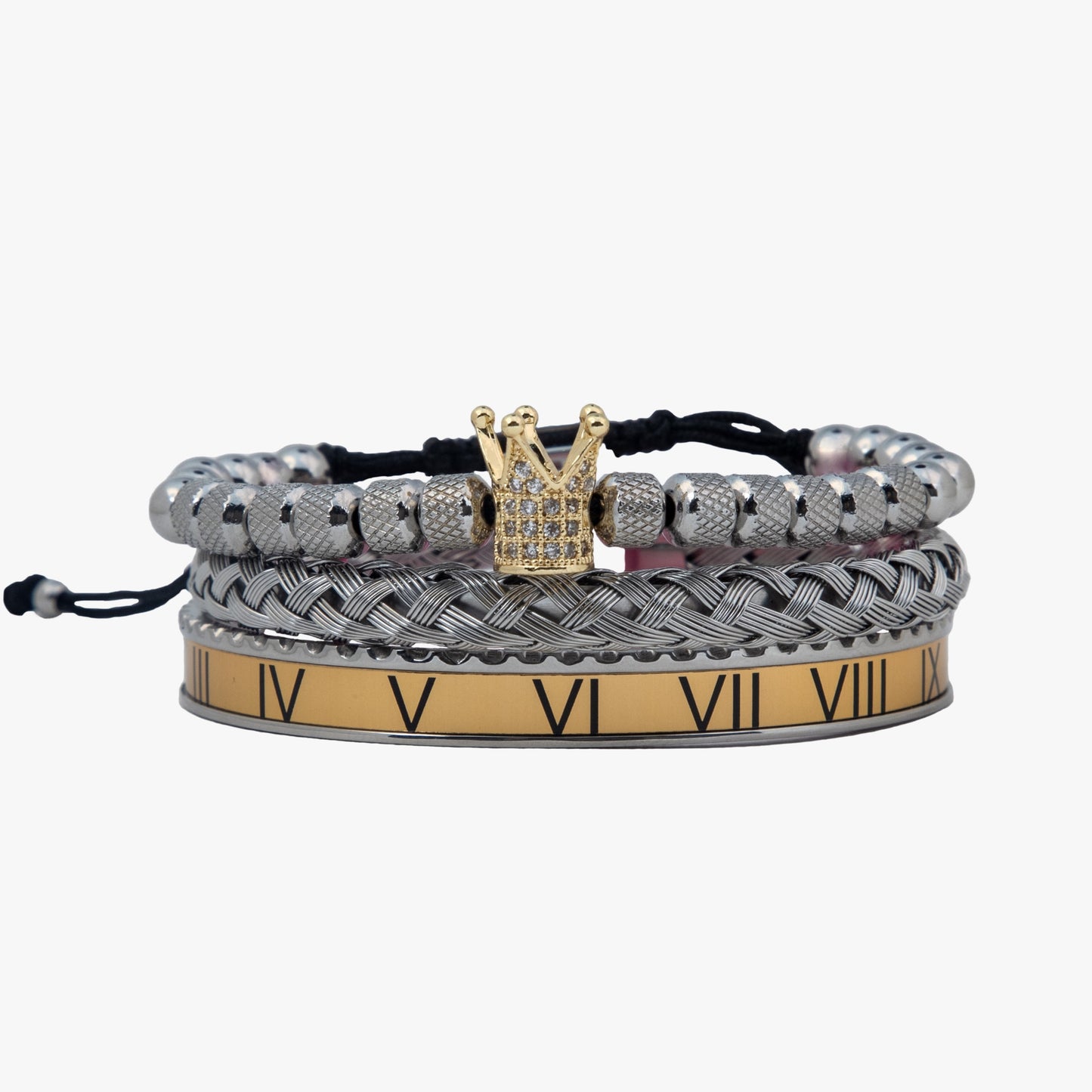 Royal Elegance Gold and silver Trio: King Crown Bracelet Bundle